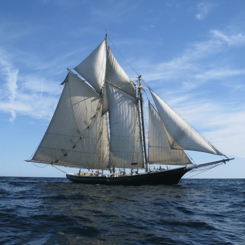 A majestic schooner with full sails glides across a deep blue ocean under a sky dotted with wispy clouds.