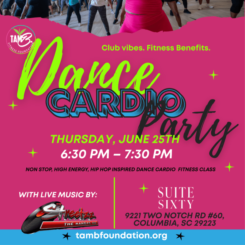 A vibrant pink flyer advertises a "Dance Cardio Party" with a blurred background of people dancing and a foreground listing event details and a DJ.