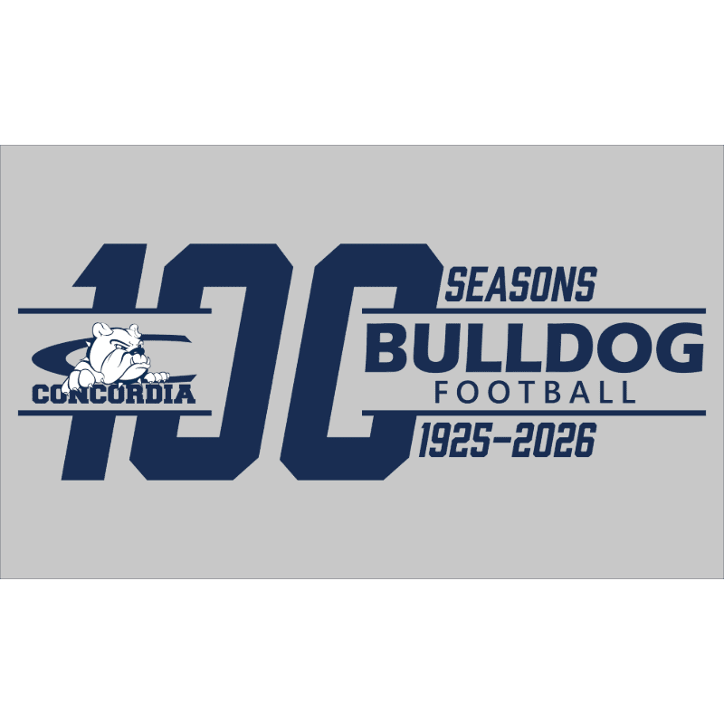 A bulldog mascot and "100 SEASONS BULLDOG FOOTBALL 1925-2026" are displayed in dark blue on a light gray background.