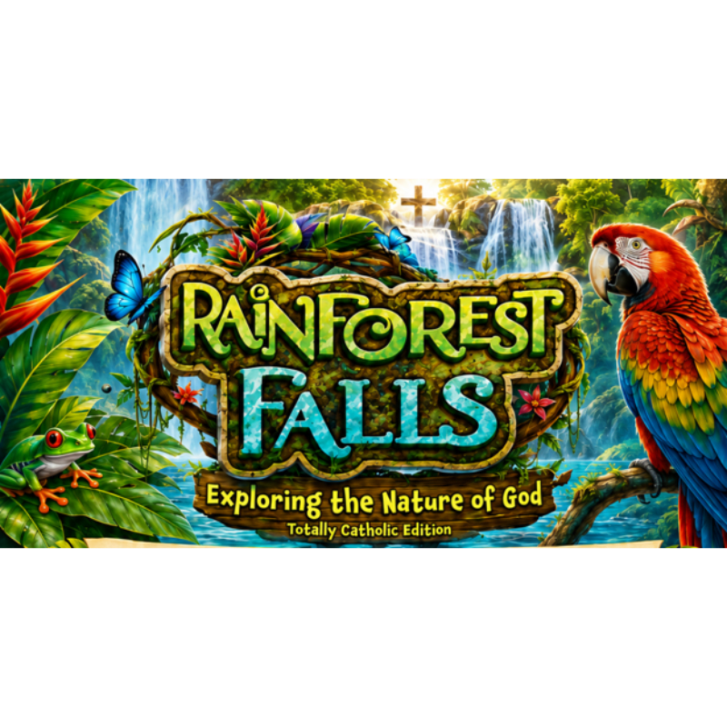 A vibrant macaw perches on a branch in the foreground, with a lush rainforest and cascading waterfalls forming the background.