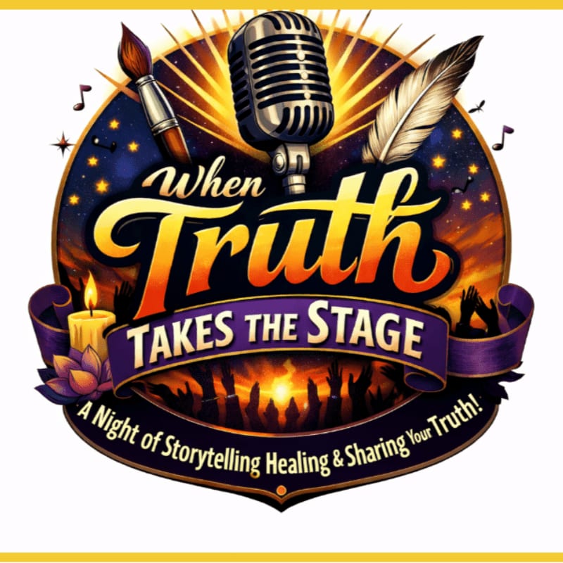 A vintage microphone, paintbrush, and quill pen are set against a starry night sky with a silhouetted audience below, all framed by a banner proclaiming "When Truth Takes the Stage."