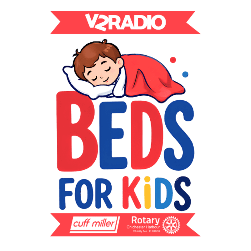 A sleeping child rests on a pillow under a red blanket, with the words "BEDS FOR KIDS" prominently displayed below, all against a white background with red banners at the top and bottom featuring logos.