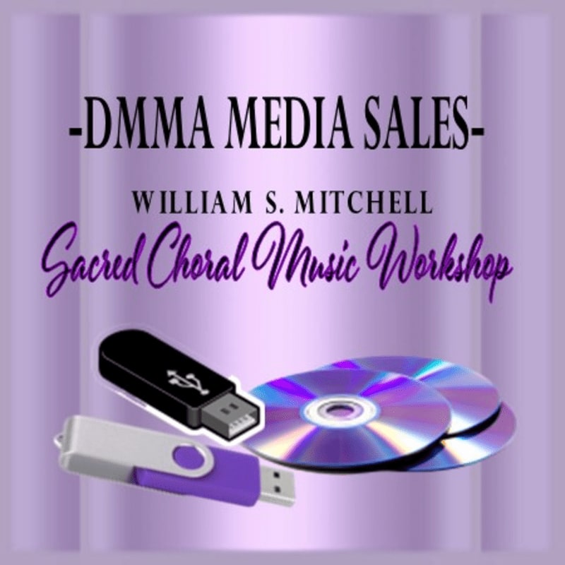 Two USB drives and three CDs are in the foreground, with text advertising a "Sacred Choral Music Workshop" by William S. Mitchell for DMMA Media Sales against a purple, satin-like background.