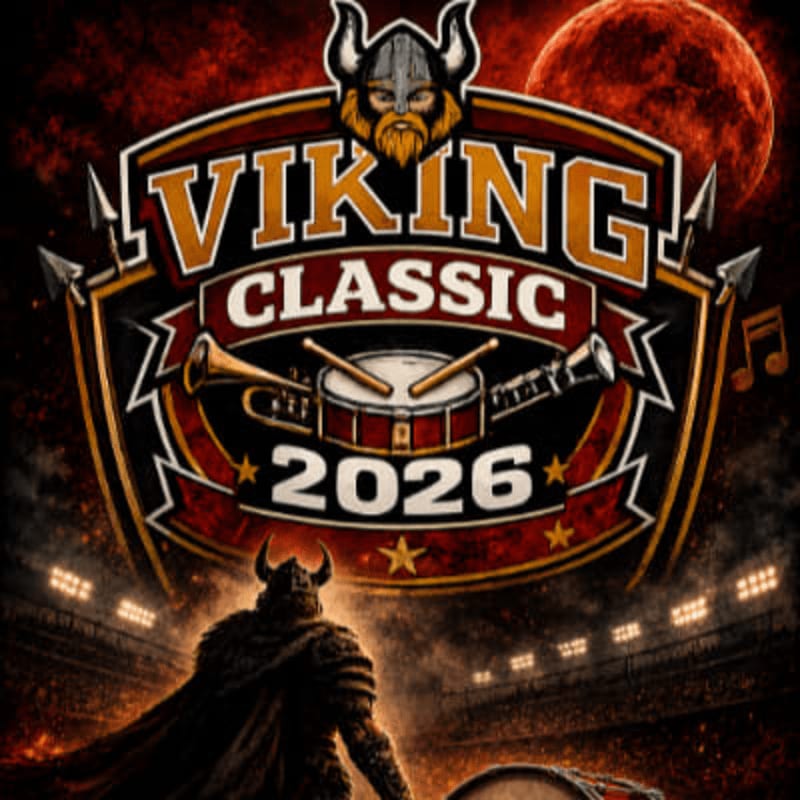 A Viking warrior stands in a stadium with a large red moon in the background, beneath a "Viking Classic 2026" banner featuring musical instruments.