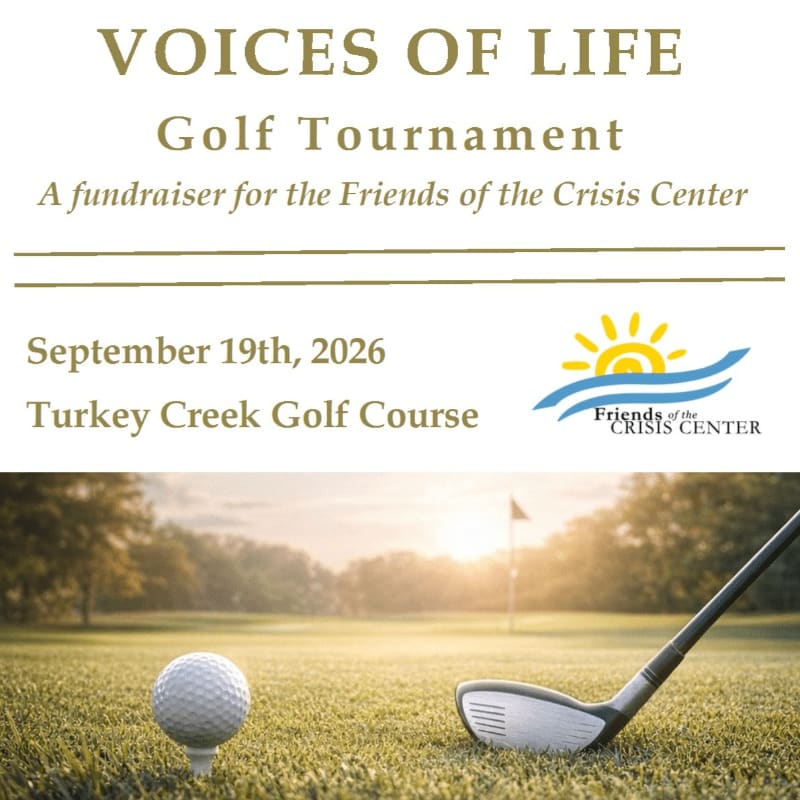 A golf club and ball sit on a tee box in the foreground, with a sunny golf course and flag in the background, all overlaid with text announcing the "Voices of Life Golf Tournament."