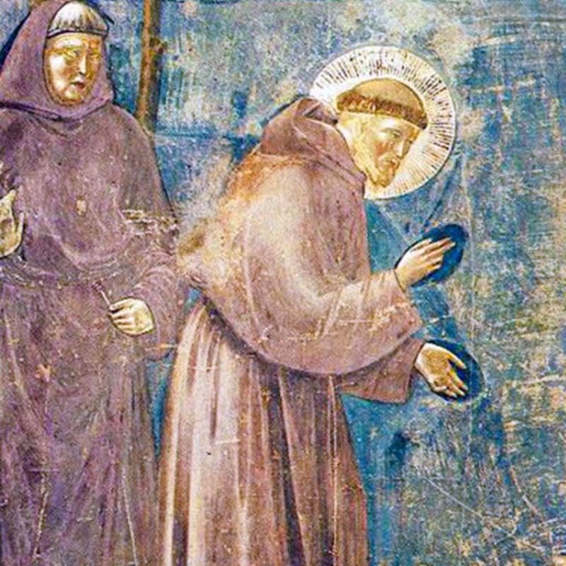 Two robed figures, one with a halo, stand before a textured blue background.