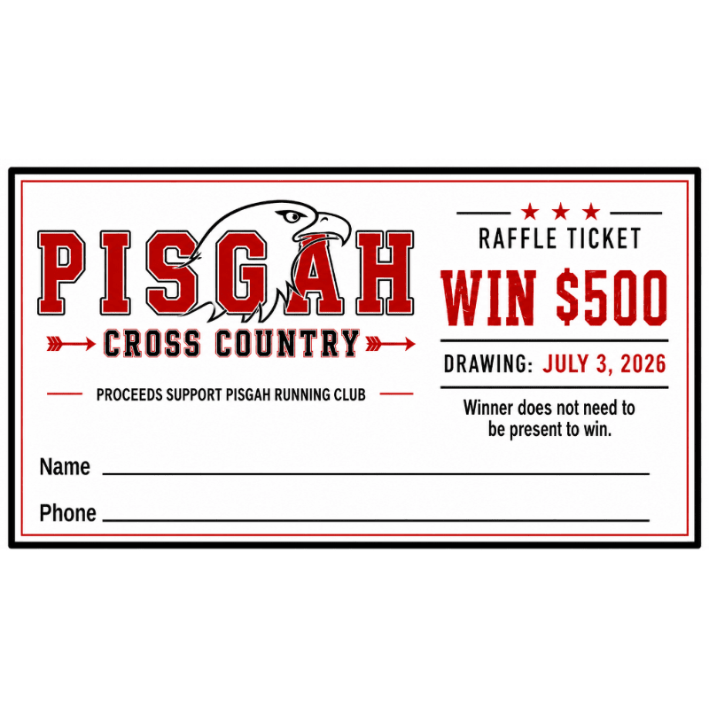 A raffle ticket for Pisgah Cross Country, with the foreground showing spaces for name and phone number, and the background announcing a $500 prize and drawing date.
