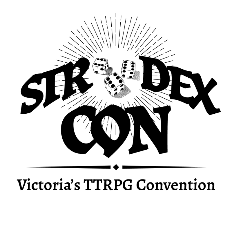 Three dice rest on the letters "STR DEX" in the foreground, with "CON" below them, all set against a radiating sunburst and the text "Victoria's TTRPG Convention" in the background.