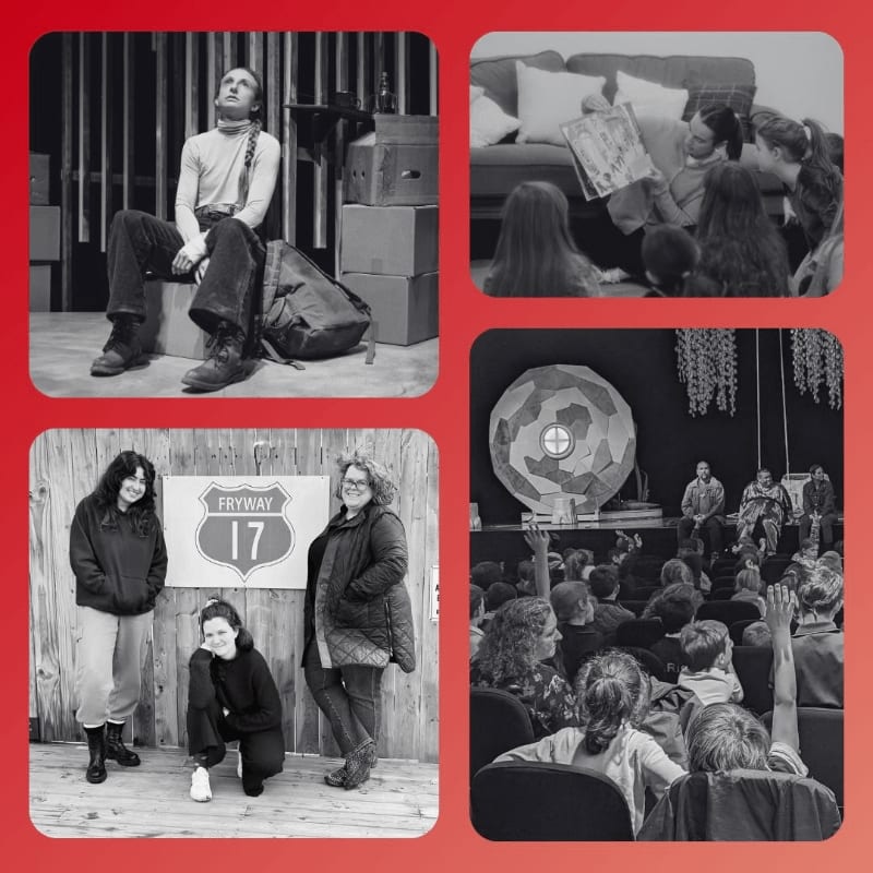 A man sits on boxes on a stage in the foreground of the top-left panel, while a group of people gather around a book in the top-right panel, three women stand near a highway sign in the bottom-left panel, and an audience watches a performance in the bottom-right panel.