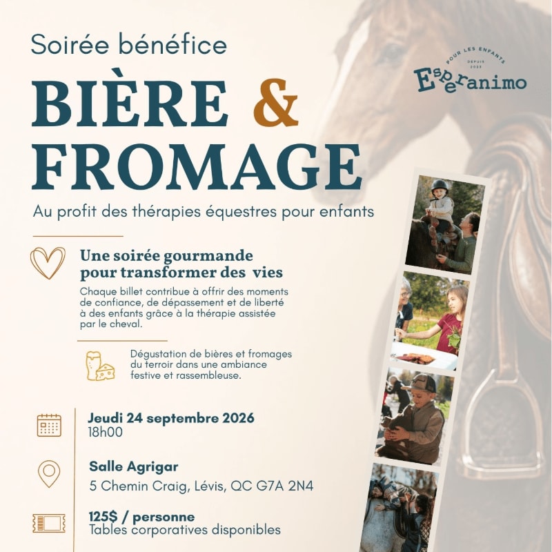 A poster for a "Beer & Cheese" benefit evening for children's equine therapy features event details in the foreground and a collage of children with horses in the background.