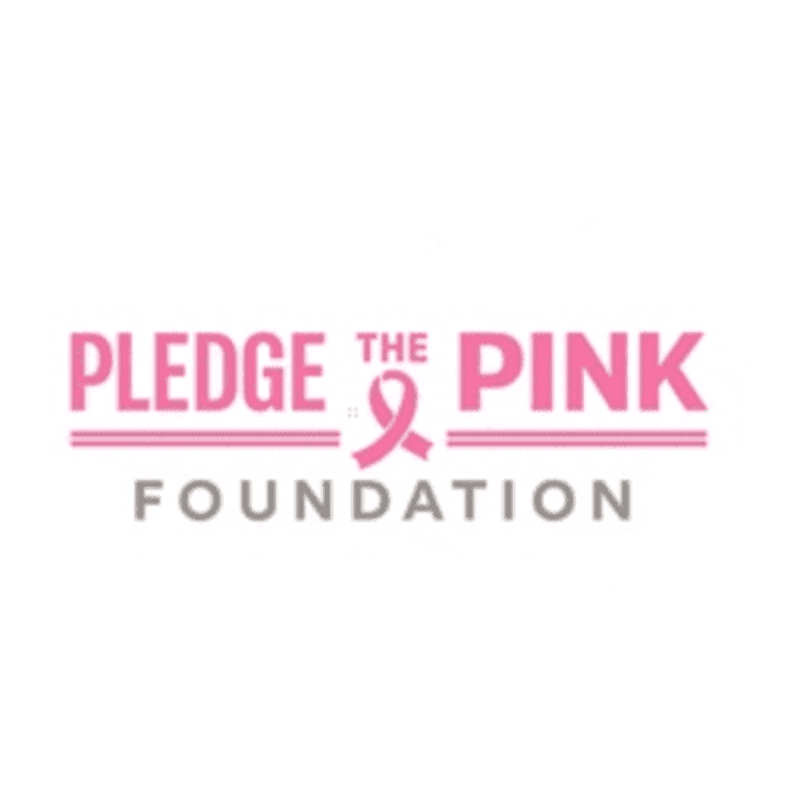 Pink text reading "PLEDGE THE PINK" with a pink ribbon in place of the "O" in "TO" is centered above gray text reading "FOUNDATION" on a white background.