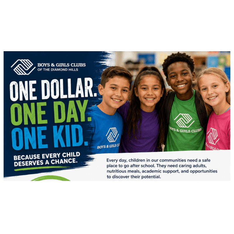 Four smiling children, two boys and two girls, are in the foreground, with the Boys & Girls Clubs logo and text on the left, and a blurred background of a room.