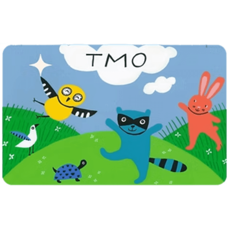 A blue raccoon, a yellow bird, a red rabbit, a blue turtle, and a white bird frolic on green grass under a blue sky with clouds and a star, while "TMO" is written in the sky.