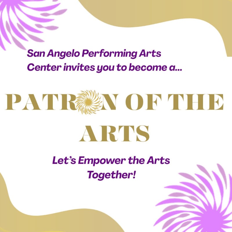 Purple floral bursts frame a gold and white background with text inviting viewers to become a "Patron of the Arts" and "Empower the Arts Together!"
