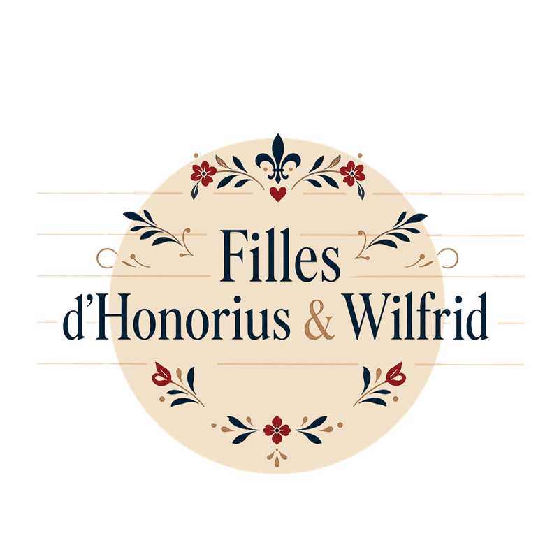 A circular logo with the text "Filles d'Honorius & Wilfrid" is framed by floral and leaf motifs against a light background with horizontal lines.