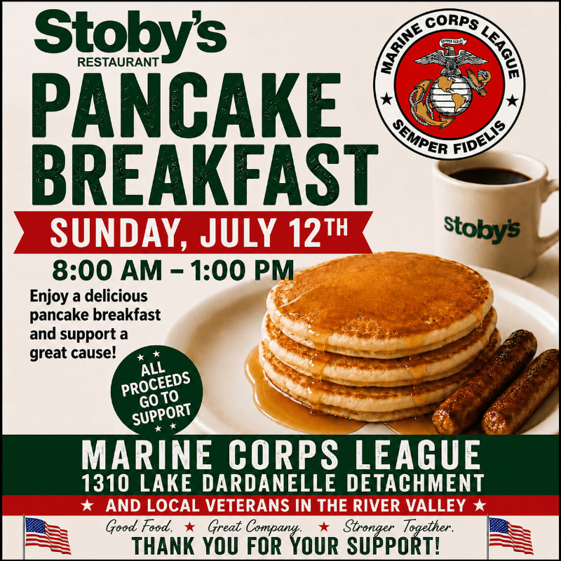 A stack of pancakes with sausages and syrup sits in the foreground, while the background features a Stoby's Restaurant logo, Marine Corps League emblem, and event details for a pancake breakfast supporting a great cause.