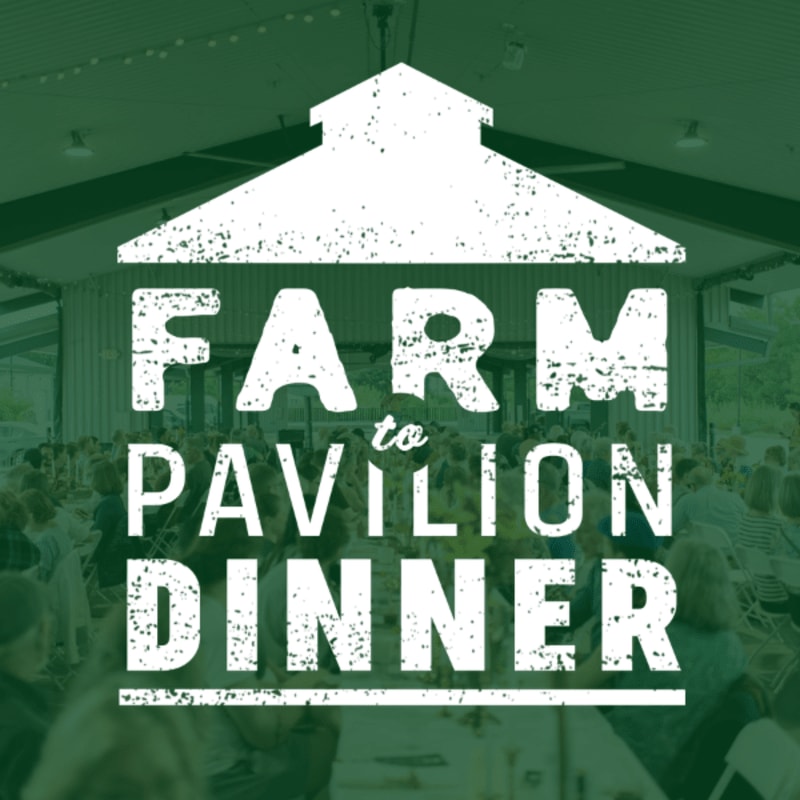 A white silhouette of a barn with "FARM to PAVILION DINNER" in distressed white lettering overlays a blurred background of people seated at tables under a pavilion.