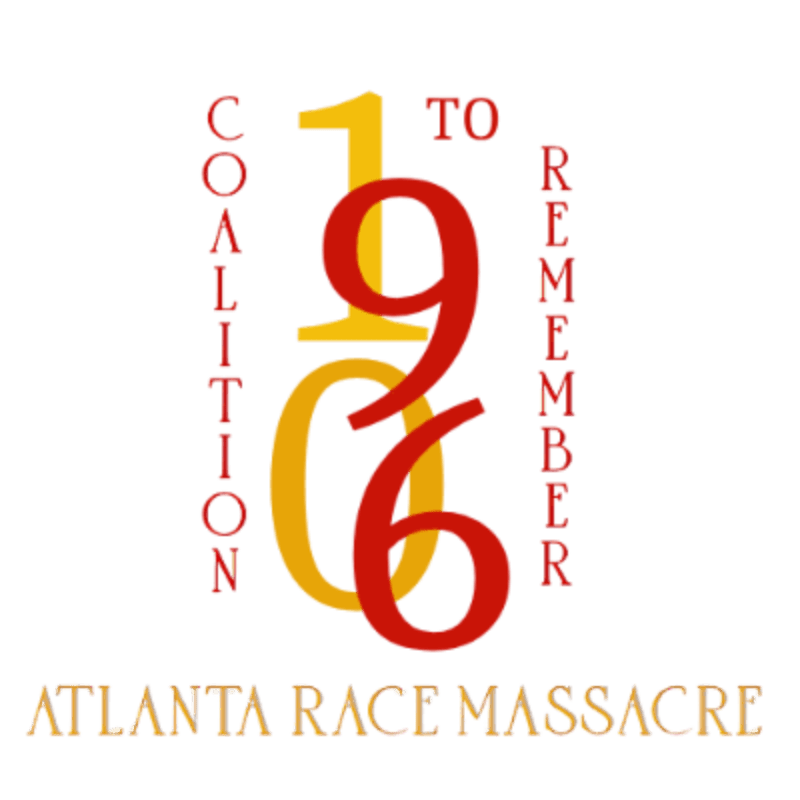 The foreground features the year "1976" in large, bold numbers, with the words "COALITION TO REMEMBER" arranged vertically around it, all set against a white background. Below this, the text "ATLANTA RACE MASSACRE" is displayed in a golden hue.