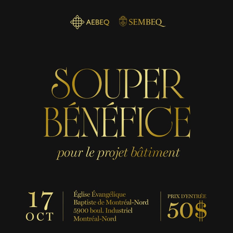 Gold text on a black background announces a benefit dinner for a building project, with event details at the bottom.