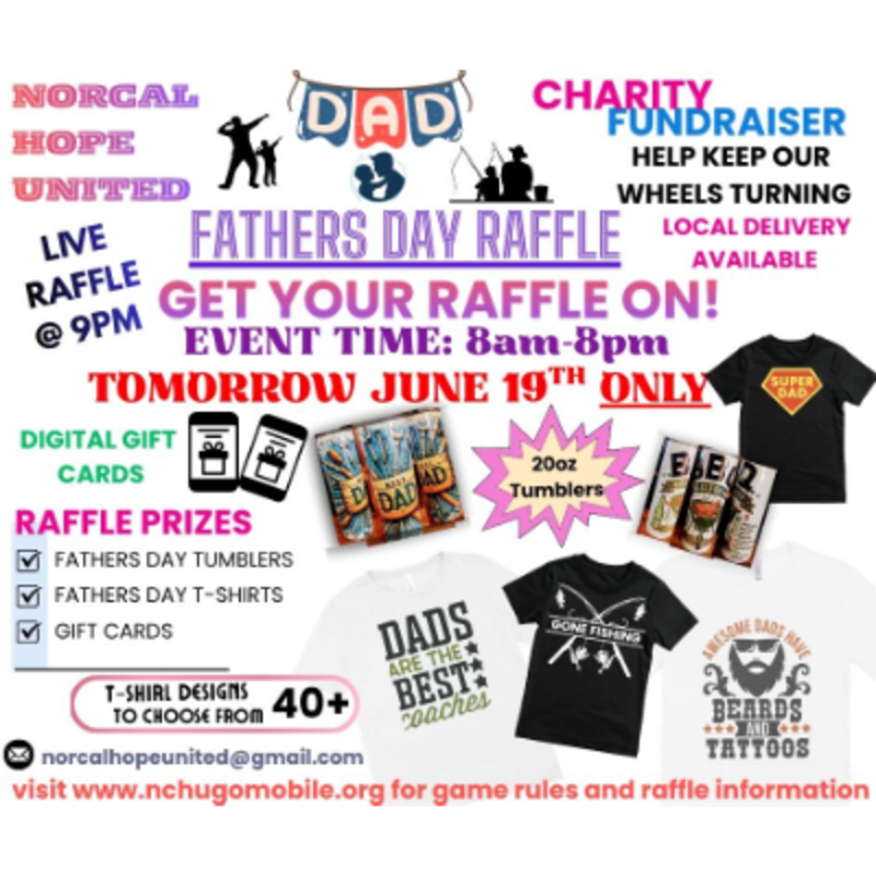 In the foreground, various raffle prizes like t-shirts, tumblers, and gift cards are displayed, while the background features promotional text for a Father's Day raffle fundraiser.