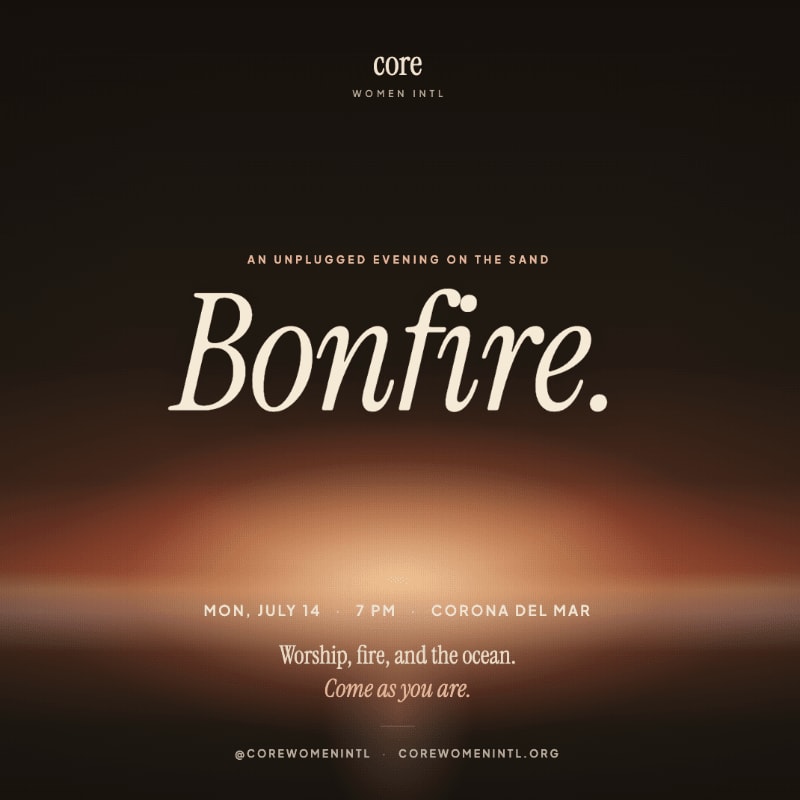 A bonfire event is advertised with text overlaying a sunset over the ocean.