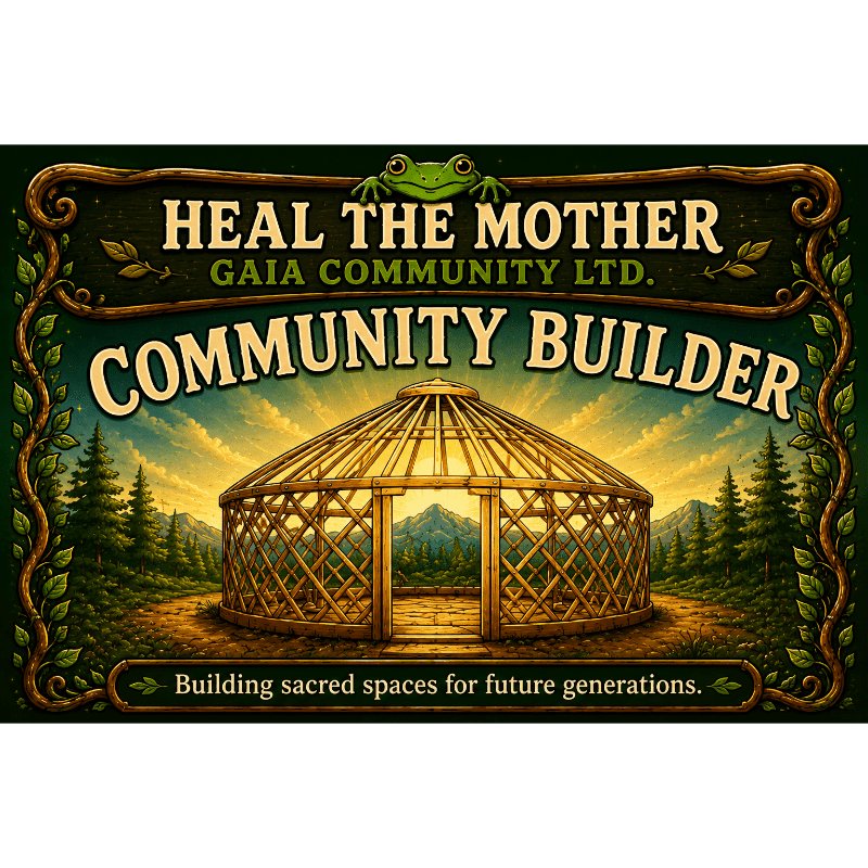 A wooden yurt stands in a forest clearing under a dramatic sky, with text above and below proclaiming "Heal the Mother Gaia Community Ltd. Community Builder" and "Building sacred spaces for future generations."