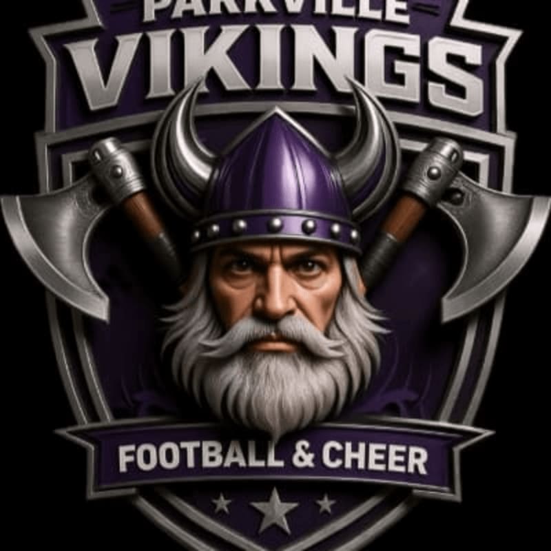 A fierce Viking warrior with a long white beard and a purple helmet is centered in the foreground, with two crossed axes behind him, all set against a dark background with the "Parkville Vikings Football & Cheer" emblem.