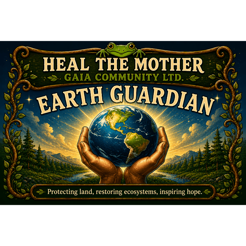 Two hands cradle the Earth in the foreground, set against a backdrop of lush forests, mountains, and a vibrant sky, all framed by a decorative border with the words "HEAL THE MOTHER GAIA COMMUNITY LTD. EARTH GUARDIAN" and a hopeful tagline.