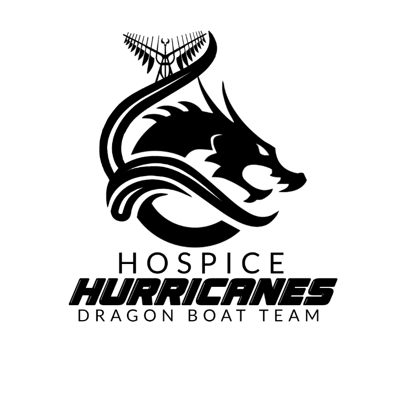 A black and white logo features a fierce dragon head with a kite-like tail in the foreground, set against a plain white background, with the text "HOSPICE HURRICANES DRAGON BOAT TEAM" below.