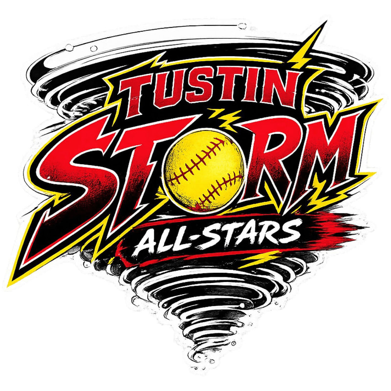 A yellow softball is centered within the bold red and black text "TUSTIN STORM ALL-STARS," all surrounded by a swirling black and white tornado graphic.