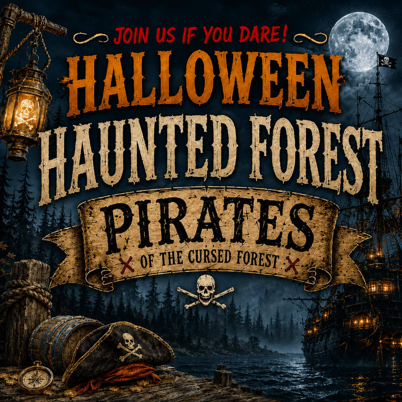 A pirate's hat and compass rest on a dock in the foreground, while a spooky haunted forest and pirate ship are visible in the background under a full moon.