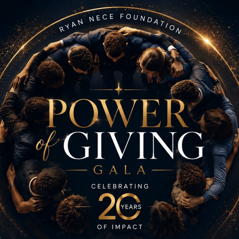 A diverse group of people in formal attire forms a circle with their arms around each other in the foreground, while the background features a dark, starry expanse with golden text announcing "POWER of GIVING GALA CELEBRATING 20 YEARS OF IMPACT" and "RYAN NECE FOUNDATION."