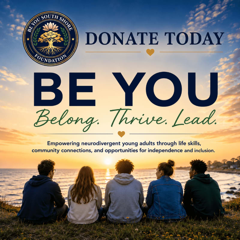 Five young adults sit facing a sunset over the ocean, with the "BE YOU" logo and donation call to action prominently displayed above them.