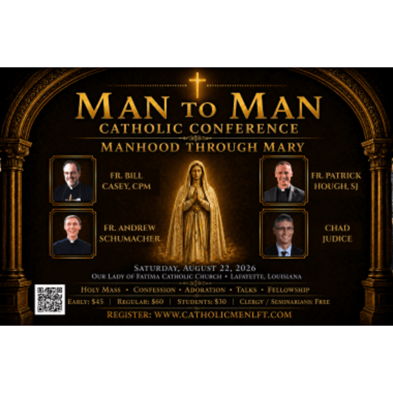 A poster for the "Man to Man Catholic Conference" features portraits of four speakers and an image of Mary in the center, set against a dark, ornate background with event details at the bottom.