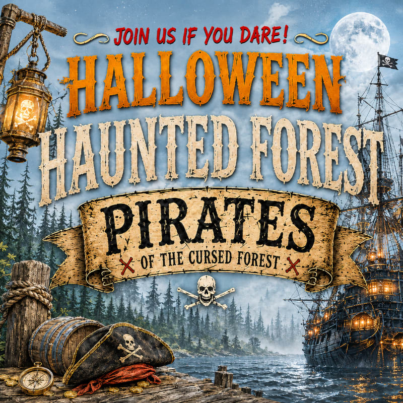 A pirate hat and compass rest on a wooden dock in the foreground, while a spooky pirate ship sails on a misty sea under a full moon in the background.