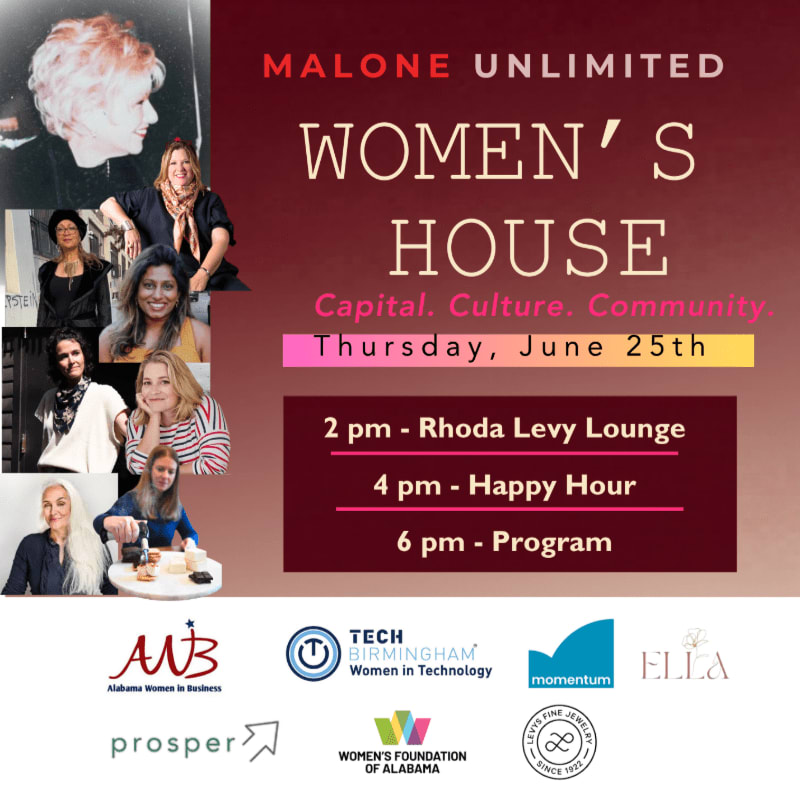 A collage of women's portraits fills the left side of the poster, while the right side displays event details for Malone Unlimited Women's House.