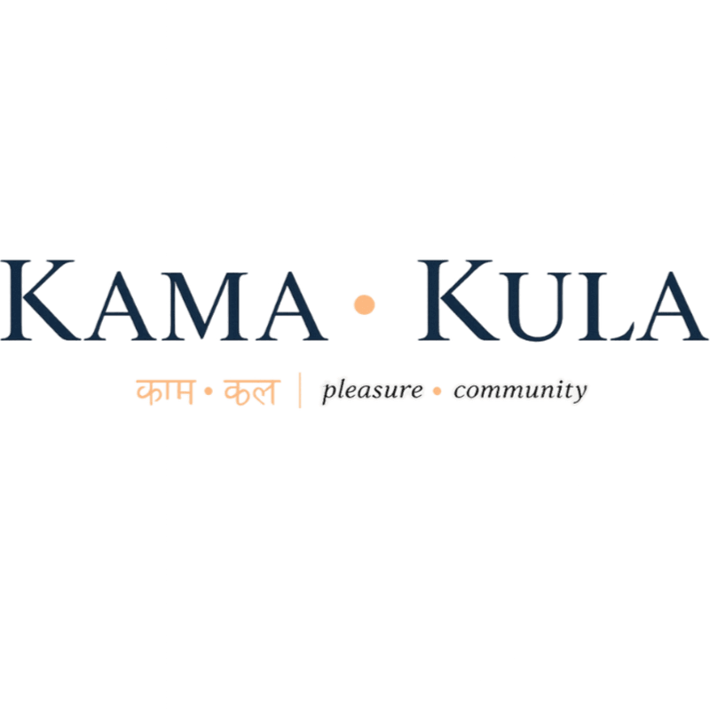 The foreground displays the words "KAMA • KULA" in dark blue serif font, with a small orange dot between them, followed by "काम • कल | pleasure • community" in smaller fonts, while the background is plain white.