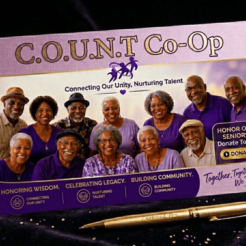 A group of smiling seniors is featured in the background, with a golden pen resting on a purple, textured surface in the foreground.