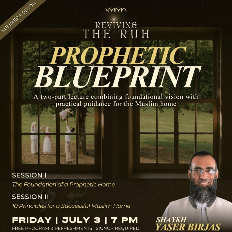 A smiling man with a beard in the foreground is juxtaposed against a background of a window overlooking a scene of people in a garden, advertising a lecture series titled "Prophetic Blueprint."