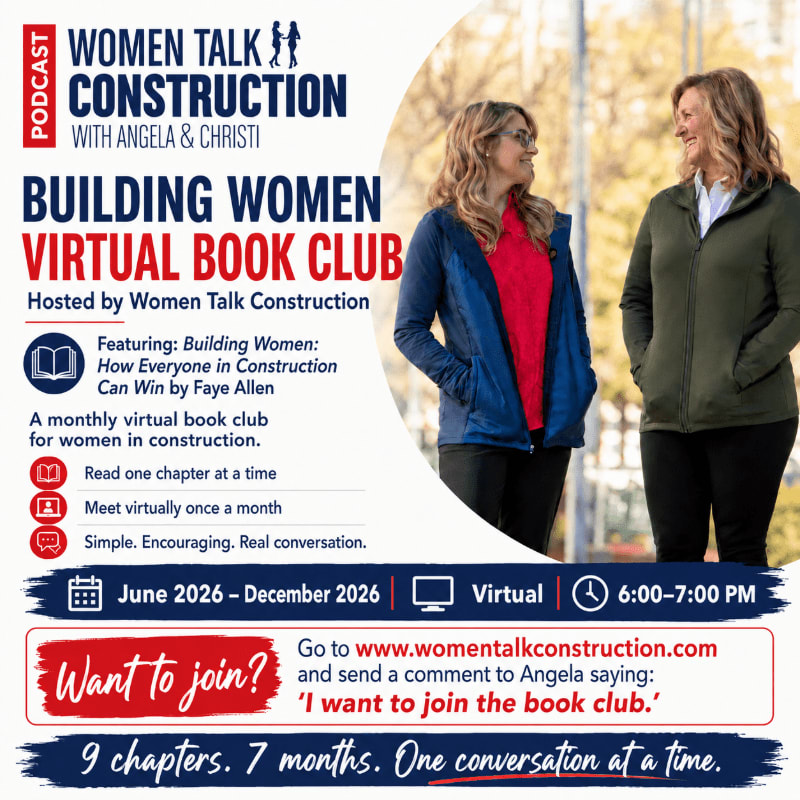 Two women stand smiling at each other in front of a blurred background, with text detailing a virtual book club hosted by "Women Talk Construction" filling the left side of the image.