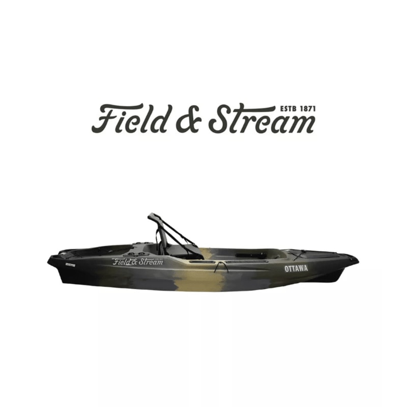 A camouflage kayak with "Field & Stream" branding sits on a white background, with the "Field & Stream ESTD 1871" logo above it.
