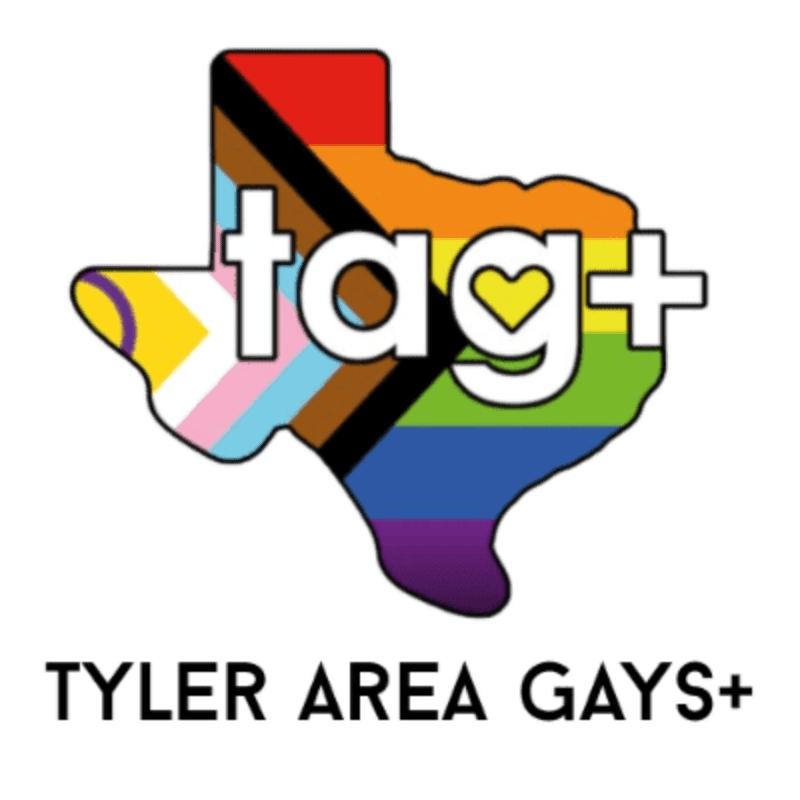 A Texas-shaped logo with rainbow and pride flag colors overlays the text "tag+" and a heart, with "TYLER AREA GAYS+" written below on a white background.