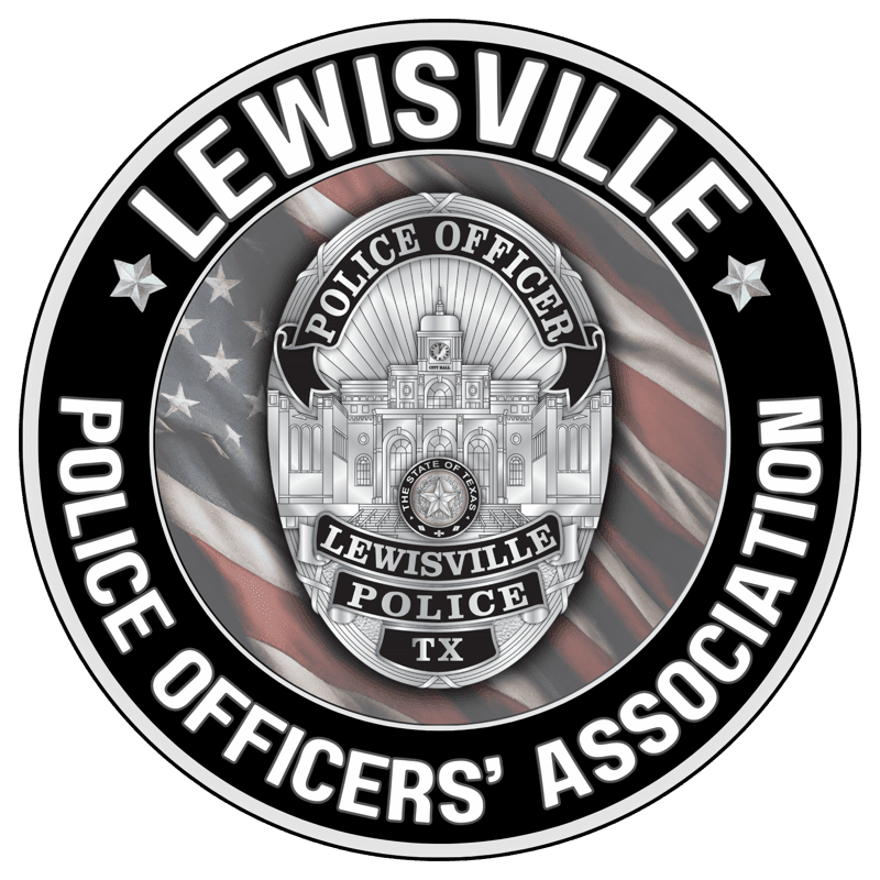 A circular emblem with the words "LEWISVILLE POLICE OFFICERS' ASSOCIATION" encircling a badge featuring a building and the Texas state seal, all set against a backdrop of the American flag.