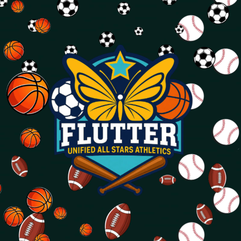 A vibrant logo featuring a butterfly and the text "FLUTTER UNIFIED ALL STARS ATHLETICS" is surrounded by a scattered assortment of sports balls, including basketballs, soccer balls, baseballs, and footballs, against a dark green background.