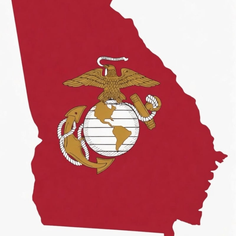 A red outline of the state of Georgia is overlaid with the United States Marine Corps emblem, featuring an eagle, globe, and anchor.