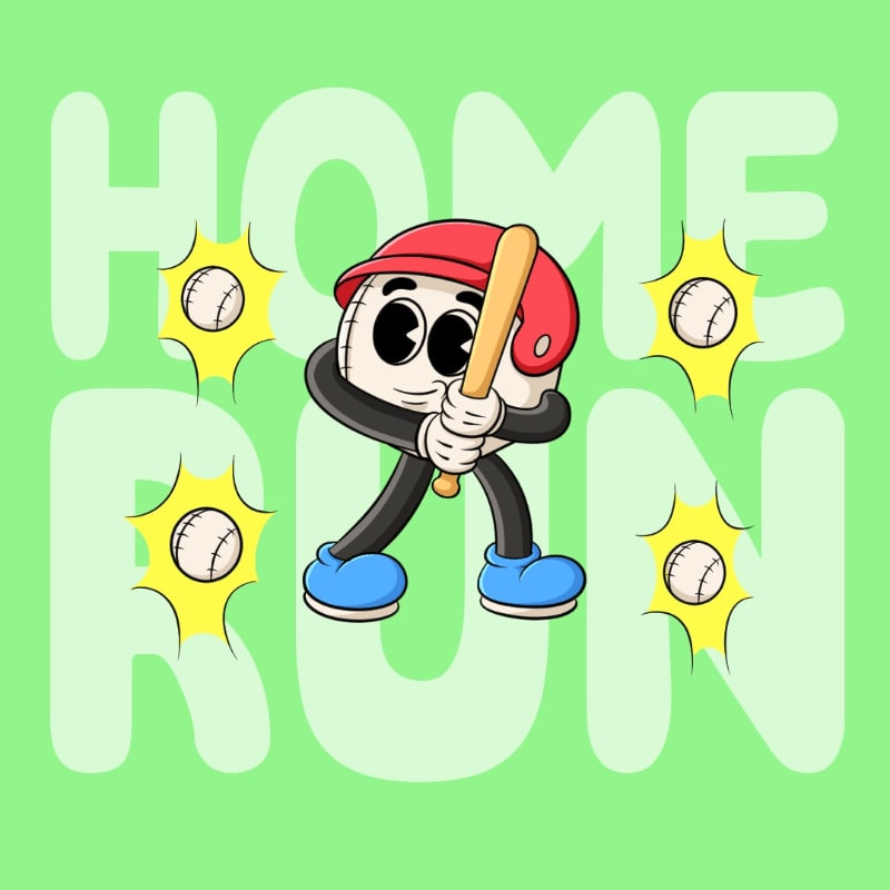 A cartoon baseball player swings a bat in the foreground, with the words "HOME RUN" and four baseballs in yellow starbursts in the background.
