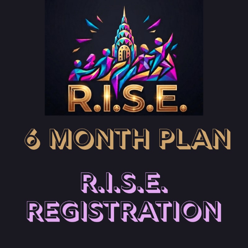 A colorful, abstract depiction of a skyscraper and figures rises above the golden text "R.I.S.E." and "6 MONTH PLAN," with "R.I.S.E. REGISTRATION" in purple lettering below, all set against a dark background.