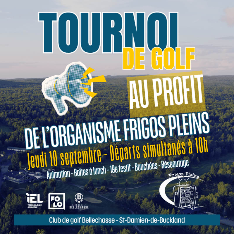A graphic advertises a golf tournament for the "Frigos Pleins" organization, featuring a megaphone and golf course scenery.
