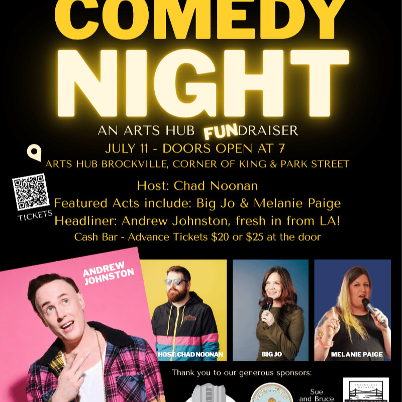 A vibrant poster for a comedy night fundraiser features a close-up of comedian Andrew Johnston in the foreground against a background of event details and photos of other performers.