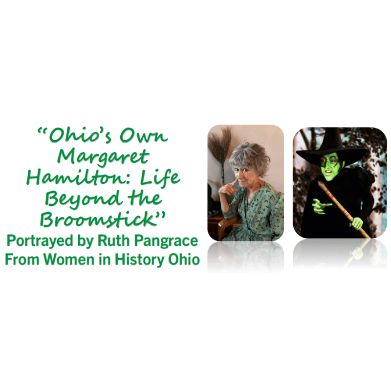 Text on the left announces a presentation about Margaret Hamilton, with two inset images on the right showing a woman in a green dress and another woman dressed as a witch.